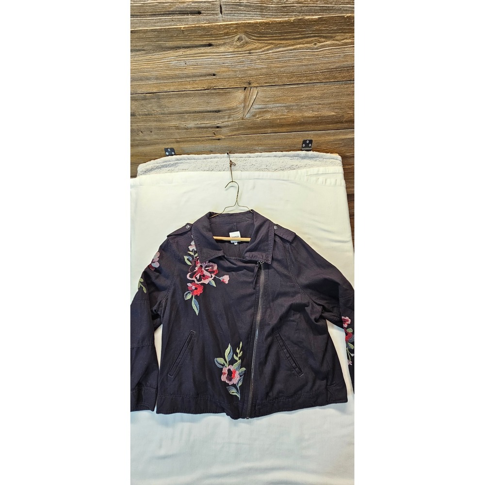 Kensie Jeans Floral Embroidered Moto Jacket Black Canvas 1X Asymmetrical Zip